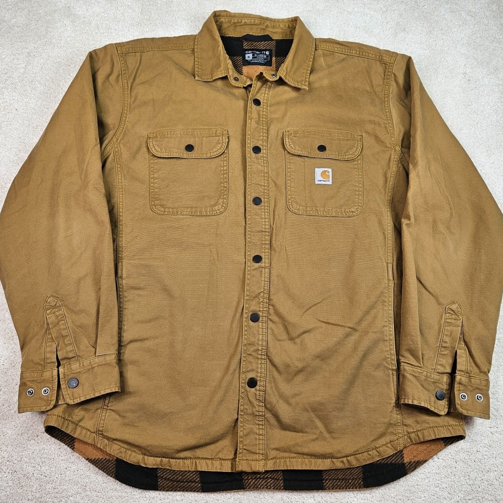Rugged Carhartt Canvas Shirt Mens XL Brown Sherpa Lined Flannel Hubbard Jacket